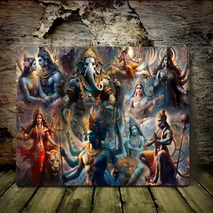 Ganesha and Ancient Hindu God Canvas Art-11.8 X15.7 Inch Frameless Wall Decoration, Depicting Shiva, Vishnu, Creshina and So on, Vibrant Indian God, Suitable for Living Room, Home Office and Special Occasions, indian Home Decoration