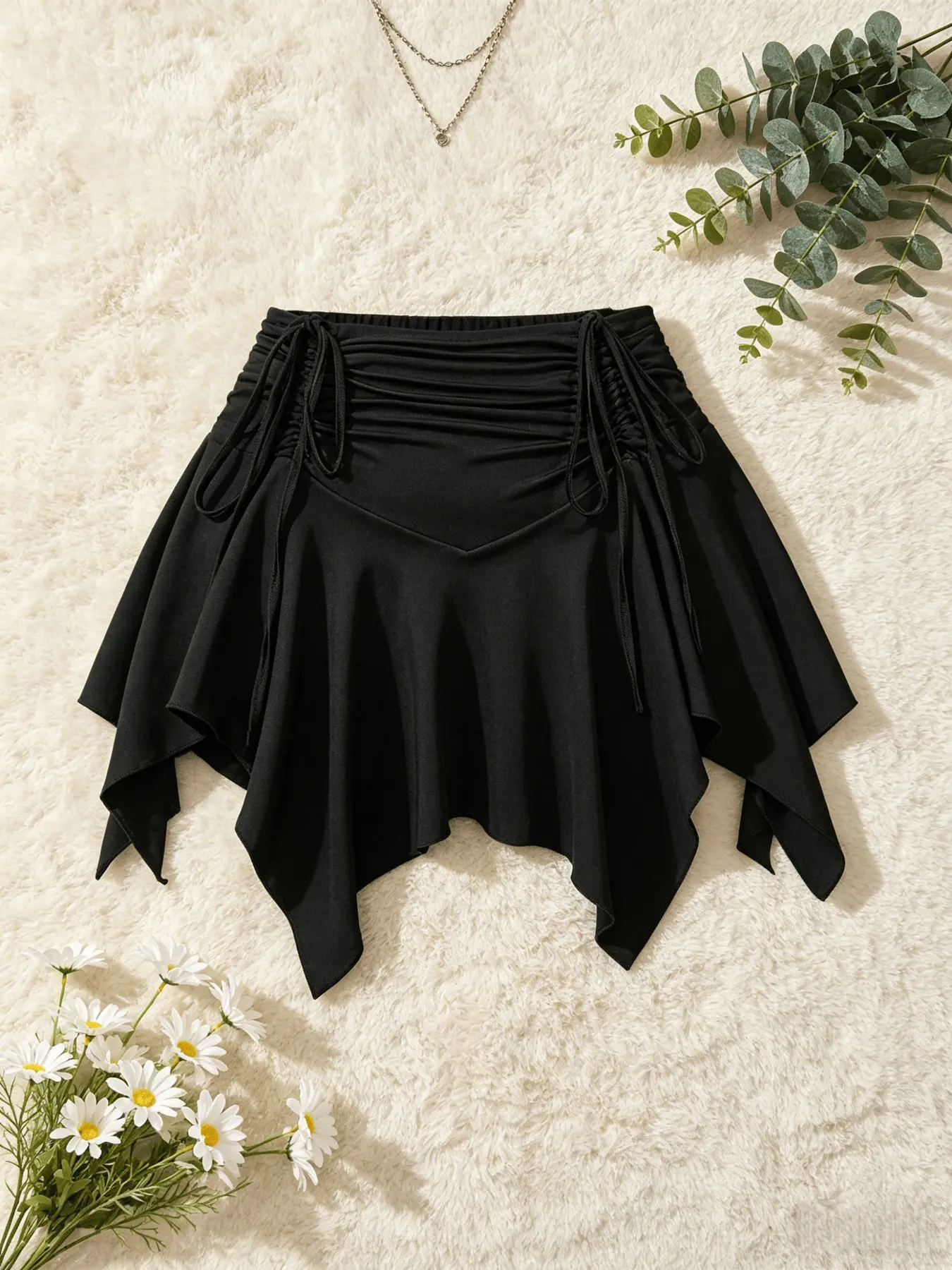 Plus Size High Waist Drawstring Asymmetrical Ruffle Skirt, Stretch Skirt, Sweet Cool Girl Slimming Style, Streetwear Versatile Half Skirt