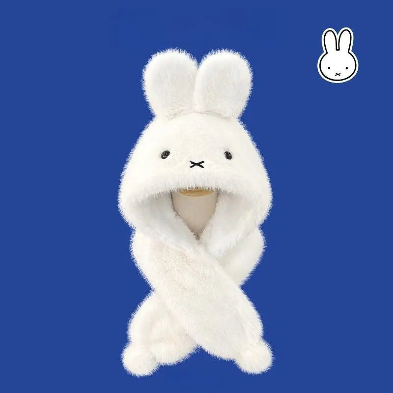 Women's Kawaii Miffy Cute Bunny Beanie & Scarf Combo Set - Winter Warm, Cozy Soft Furry Hat, Ear Flaps, Ear Protection Hood for Home Hanging Decor