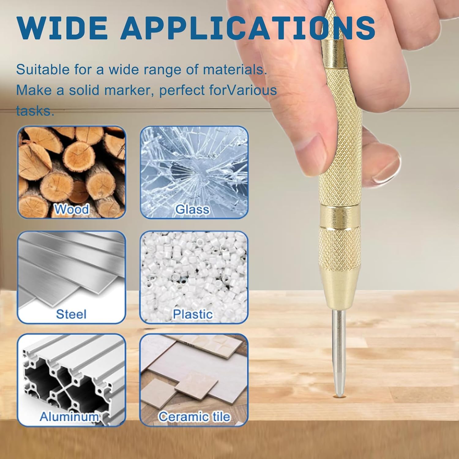 2PCS Automatic Center Punch,5'' Spring Loaded Center Punch, Heavy Duty Steel Adjustable Center Marker Punch Tool with 2PCS Extra Replacement Tip for Metal,Plastic,Wood,Glass