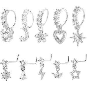 10 count Dangle Nose Ring Hoop 20g Cz Nose Rings with Charm L Shaped Dangling Noses Stud Indian   For Women