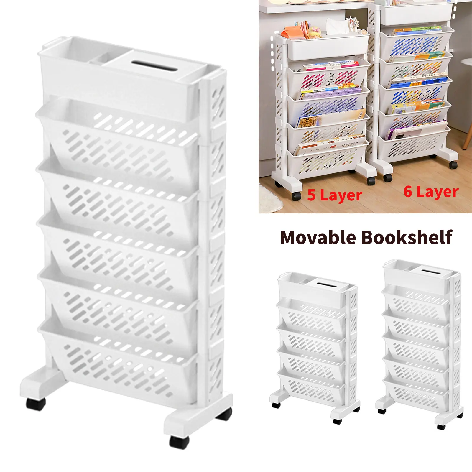Plastic Rotatable Rolling Storage Organizer Bookshelf - Compact Size, Multilayer, Large Capacity Removable Under-the-Table Organisation Unit with Multi-Row Organizer Bookends for Home Supplies, Office Desk
