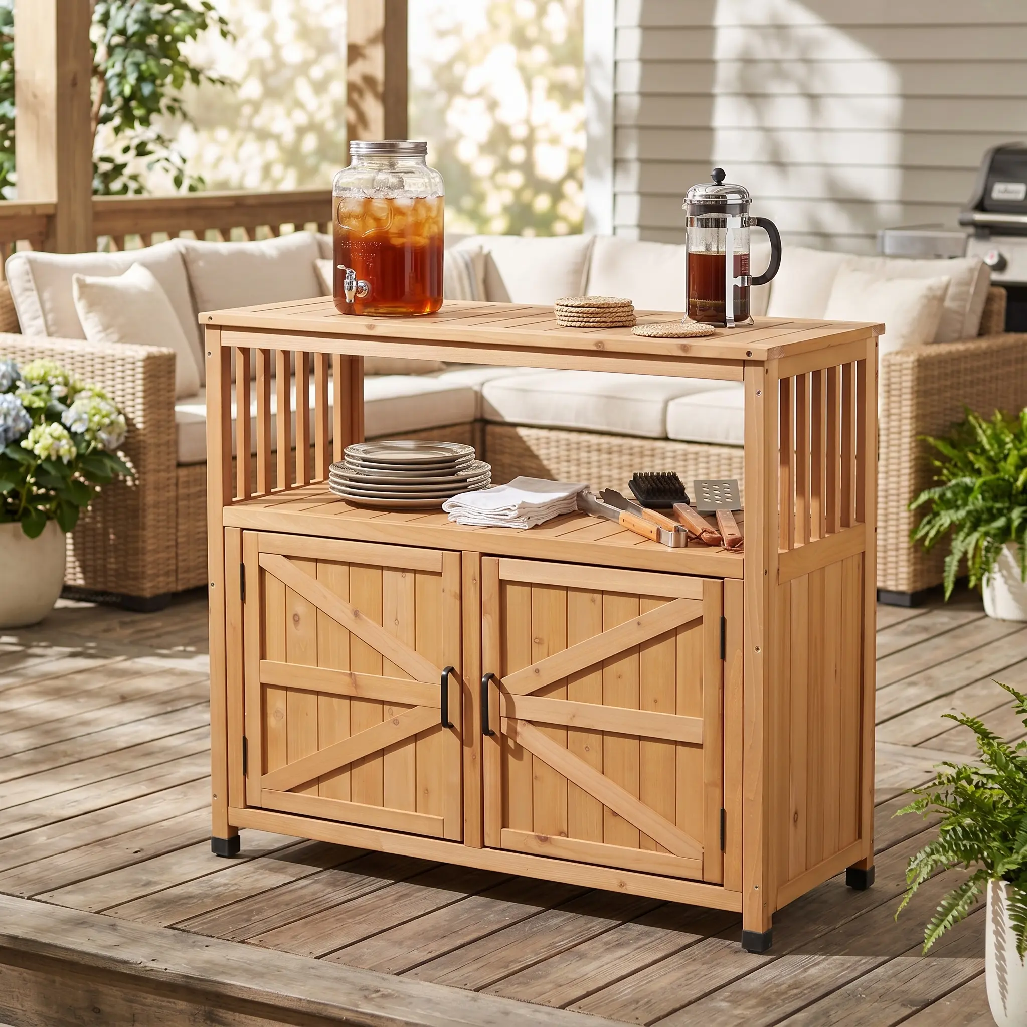 Wooden Patio Bar Table Set with Storage, Buffet Cabinet Sideboard for Outdoor and Indoor