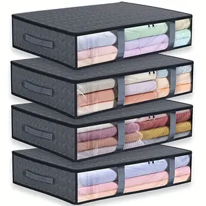 4-piece under-bed storage bag, with transparent window and sturdy handles - suitable for storing clothes, blankets, sweaters, bedding, toys, and other items - gray, under-bed storage