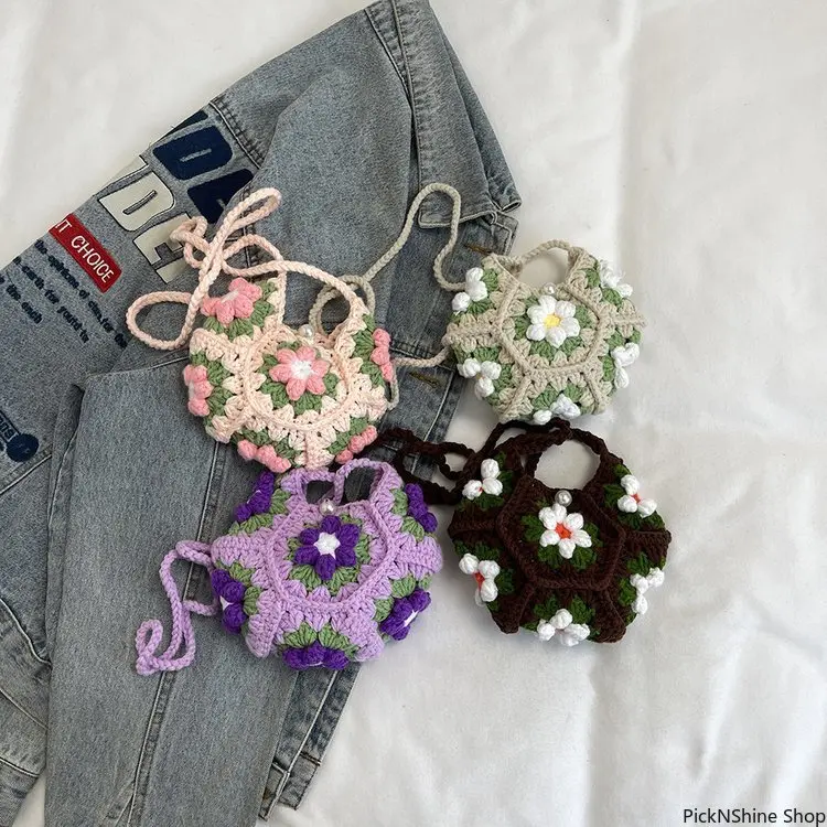 Women's Handmade Crochet Granny Square Crossbody Bag - Puff Flower Knitted Boho Casual Fabric Purse, Fashion Accessory for Daily Use, Boho Crossbody Bags