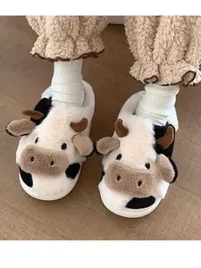 High-Quality Cartoon Cow Plush Slippers, & Block Design, Thickened Warmth, Silent Soft Sole, Comfortable Indoor Outdoor Wear