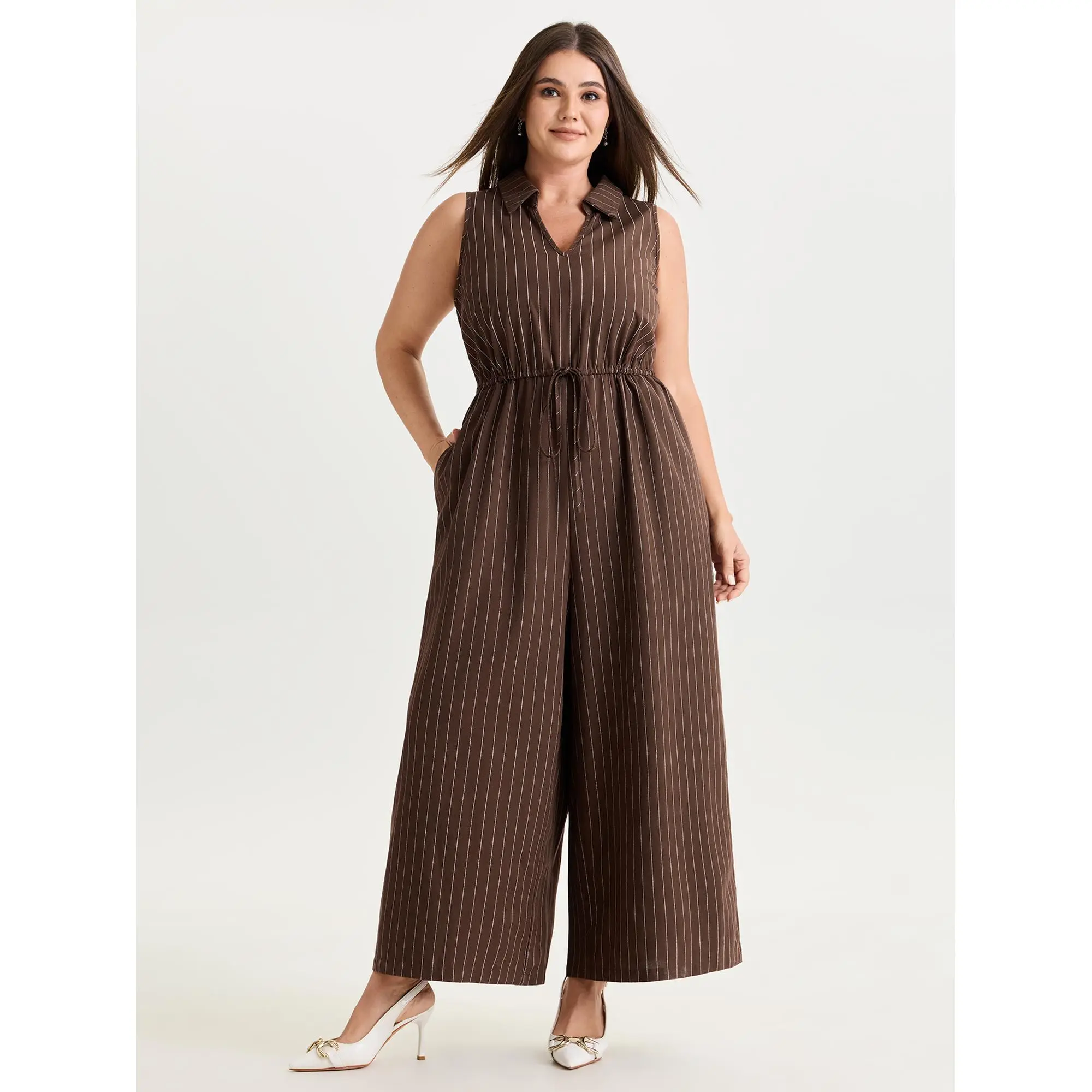 BloomChic Plus Size Overalls, Breathable Striped Cotton Linen Jumpsuits for Women, Casual Sleeveless Summer Outfit with Waist-Tie and Pockets, Everyday, Comfy, Smooth, Garment, Simple