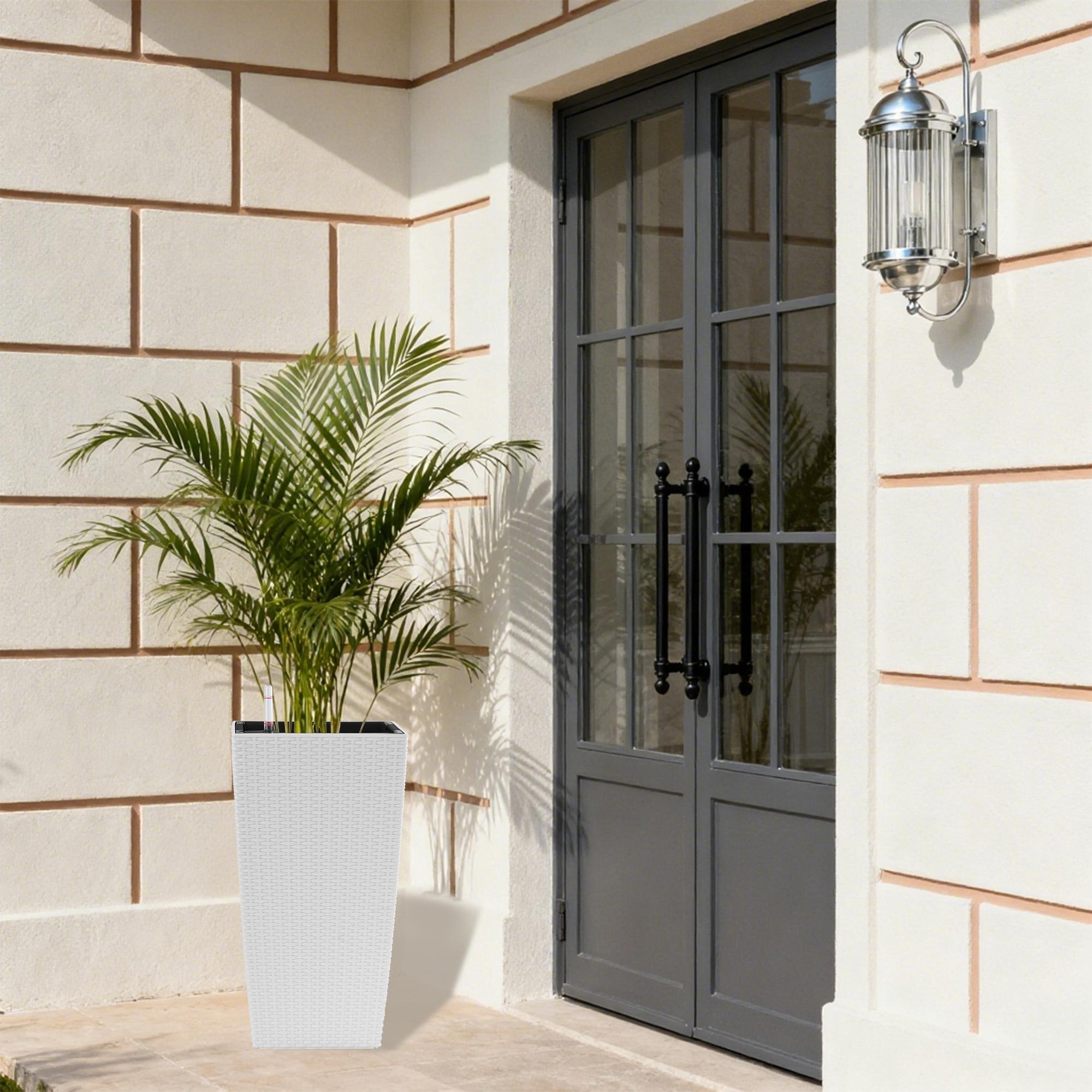 22 Inch High Pack of 2 Large Square Faux Rattan Planters, Self-Watering Flower Pots with Automatic Watering System & Drainage, Modern White Decorative Planter for Indoor Outdoor Use, Perfect for Porch, Patio, Backyard, Garden