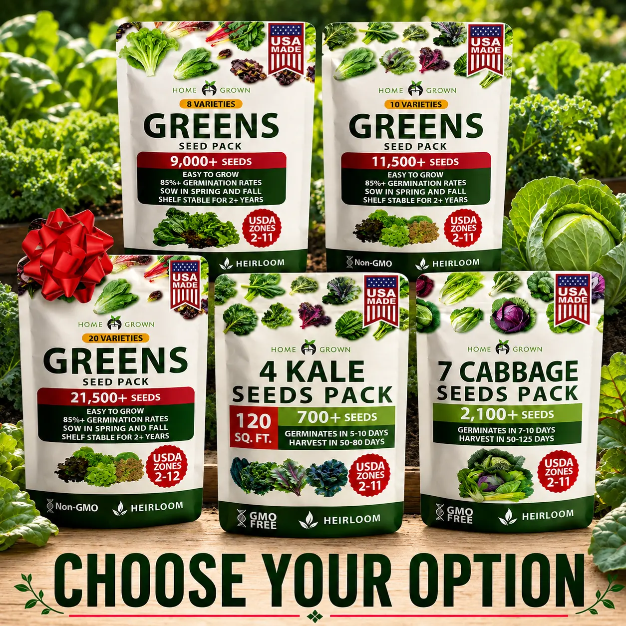 Non-GMO Heirloom Garden Plant Seeds Variety Pack - 8+ Salad Greens (Lettuce, Kale, Cabbage, Romaine, Butterhead, Iceberg, Red Oakleaf, Spinach) for Survivalist Indoor, Outdoor Growing, Shelf Stable for 2+ Years