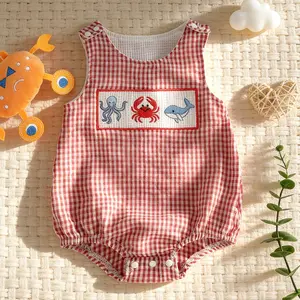 0-18Months Baby Boy Girl Nautical Gingham Romper, Blue Checkered Sleeveless Bodysuit with Sailboat Embroidery, Newborn Infant Summer Beach Clothes