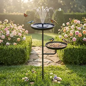 Solar-Powered Fountain for Heavy-duty Metal Double-layer Bird Bath, Double-layer Large Capacity Water Collection Feeding Basin, Dual-purpose Iron Bird Bath And Feeder for Garden And Courtyard Decoration, Pool, Courtyard & Rockery Landscapes