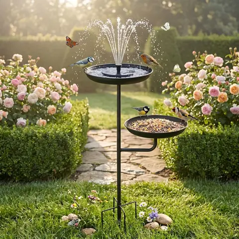 Dual-Purpose Solar-Powered Bird Bath Bird Feeder with Heavy-Duty Iron Build, Dual-Layer Structure, Large-Capacity Basin, No Wiring, Eco-Friendly Garden Decor for Courtyard Decoration, Rockery Landscapes