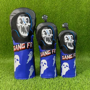Golf club headcovers with skull and ghost design, blue black spliced style, suitable for different club types, practical golf accessories, Golf Putter