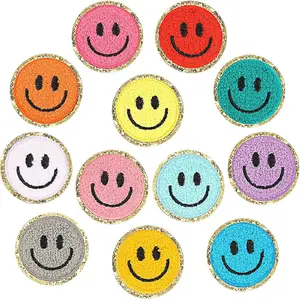12 Pcs Smile Face Iron On Patches Happy Face Chenille Patches for Clothes Dress Jackets Hats Cute Embroidery DIY Craft Applique(2.2 Inch)