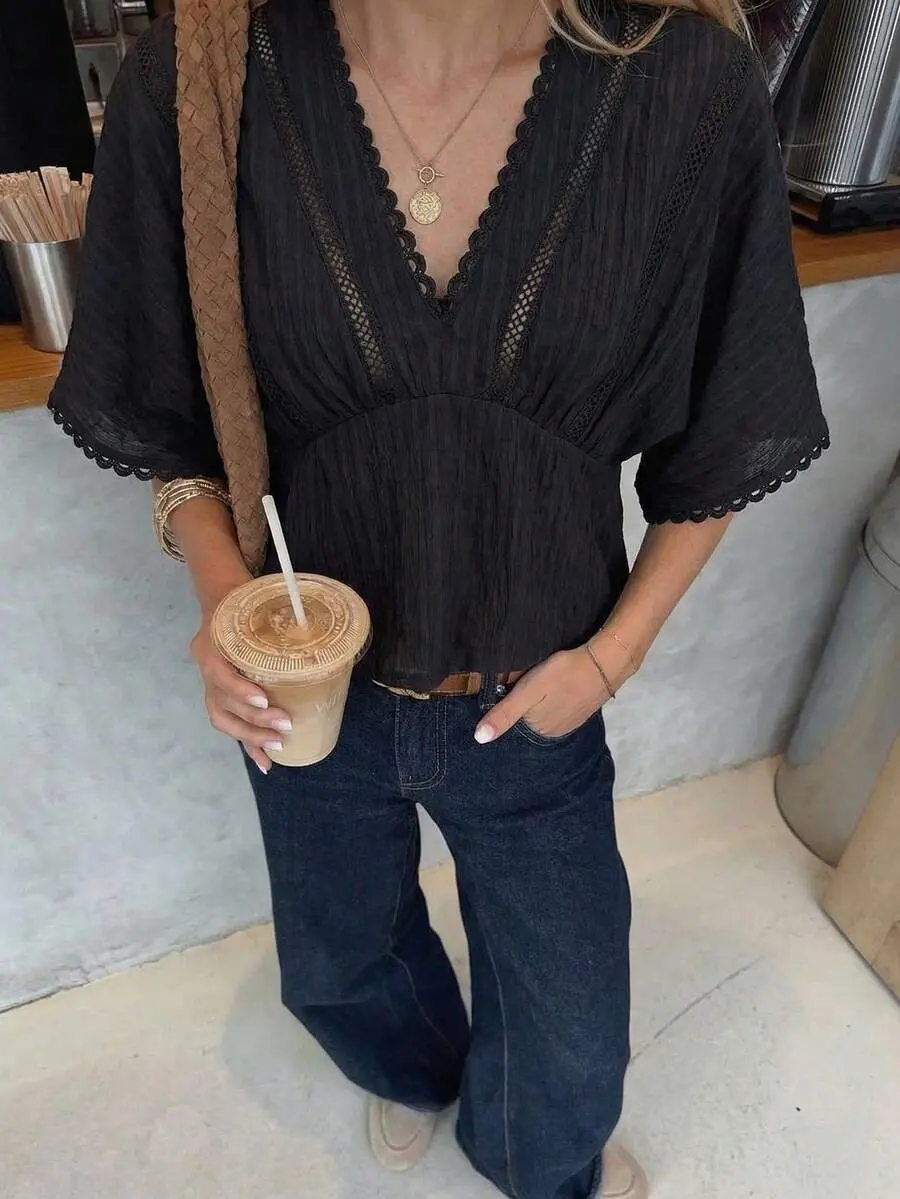 Spring Summer French Black Lace Trim Blouse, V-Neck Cutout Waist Short Sleeve Textured Peplum