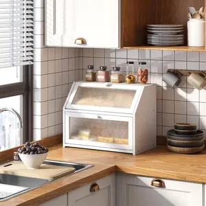 Bread Box for Countertop Bin Layer Bread Box Container Large Capacity Farmhouse with Pattern Windows (White, Large)
