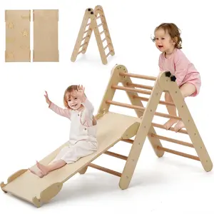 Wooden Climber for Tooddler Wooden Indoor Triangle Ladder, Toddler Indoor Gym Playset, Climbing Frame with Ramp Sliding or Climbing, Sturdy Wooden Climbing Set for Toddlers 1-6