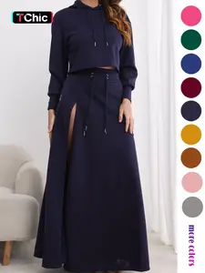 Women's Solid Drawstring Hoodie & Split Thigh Skirt Set, Long Sleeve Top & Pocket Long Skirt, Casual Fashion Cozy Co-ord Set, Women Clothes