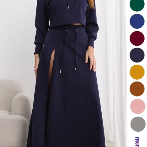 【Black Friday】Women's Solid Color Drawstring Hoodie & Split Thigh Skirt Set, Casual Long Sleeve Top & Pocket Long Skirt, Cozy Outfit, Chic Minimalist Two-Piece Set, Women's Clothes