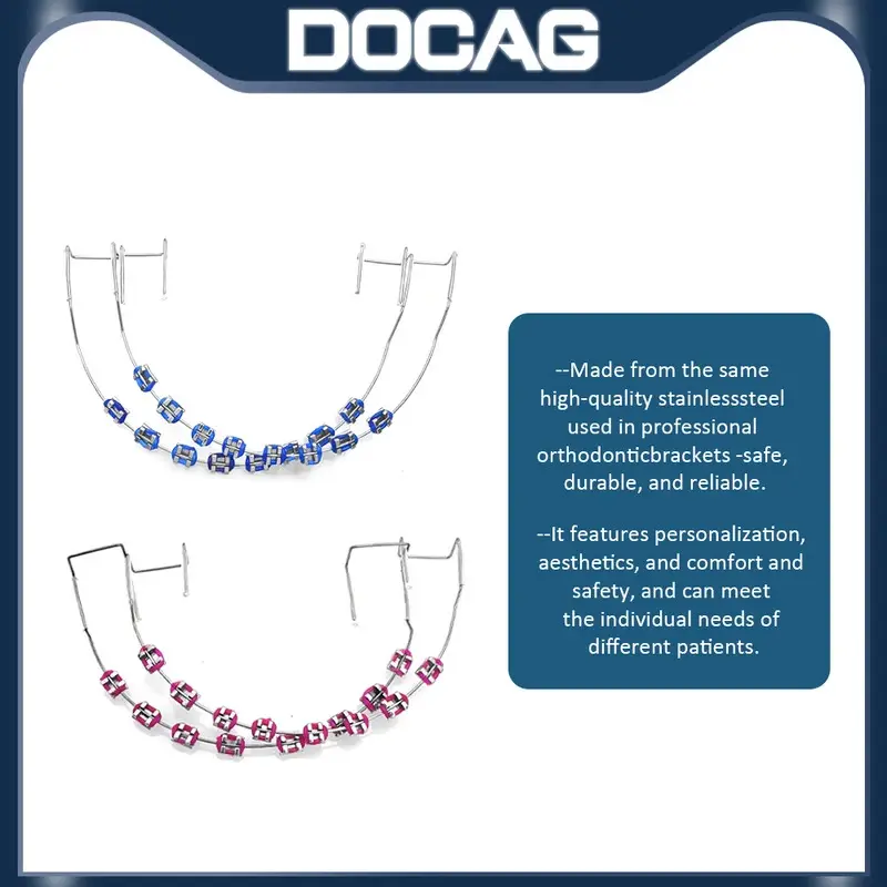 2-Piece Colorful Fake Braces Clip Ons with Metal Brackets & Ligature Ties - Temporary Fashion Teeth Accessory, Dental Costume Jewelry Charm