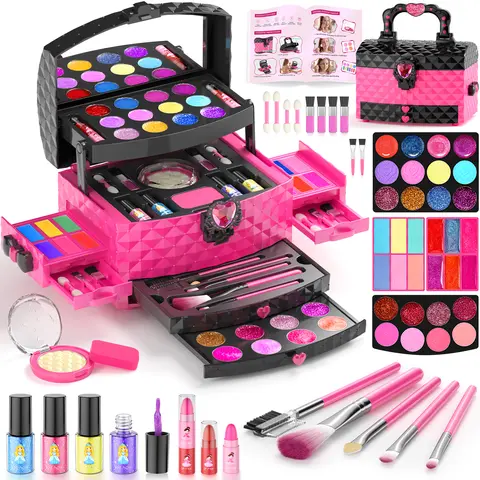 PERRYHOME Kids Makeup Set for Girl 58 Pcs Washable Real Cosmetic, Non-Toxic Frozen Toys Toddler Makeup Kit, Frozen Princess Dress up Game Christmas & Birthday Girl Gift for 3-12(Frozen Purple)