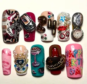 Birthday Party Nail Art – 3D Cake Glass Nails, Gold Chains, Guitar, 24 Number, Watch Clock Nails, Lipstick and Lip Print, Cocktail Nails, Handmade Press-on Set