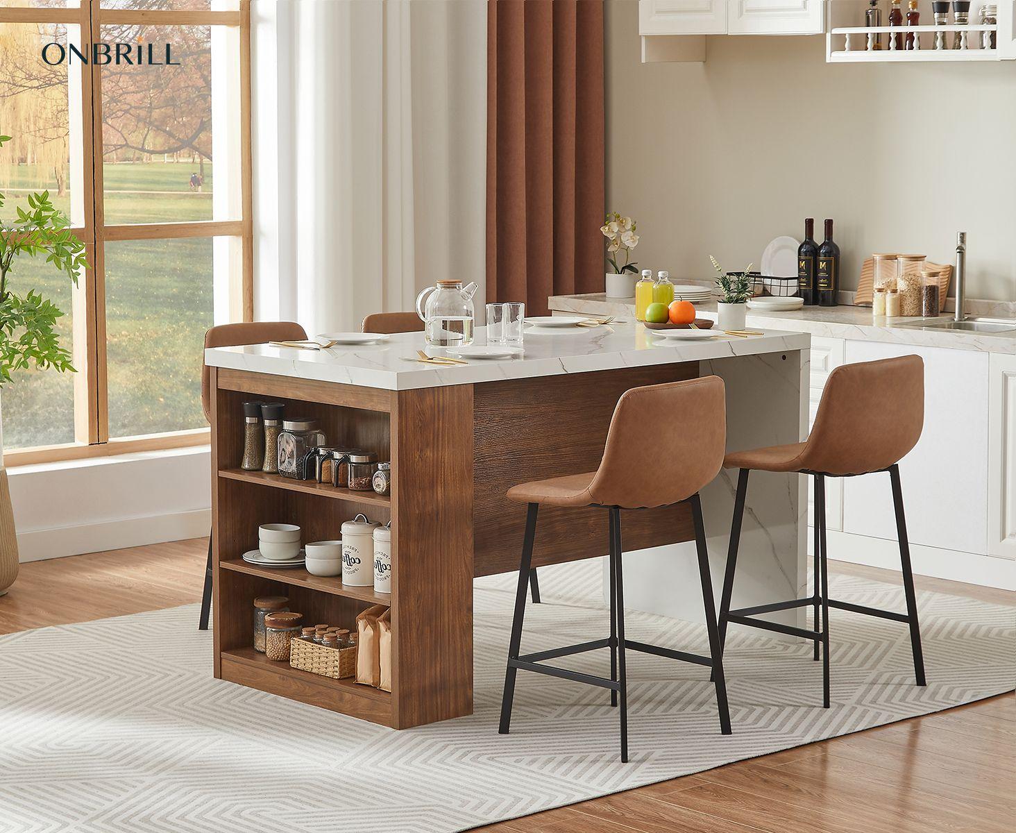 【SummerFinds】ONBRILL 61"x31" Large Wood Top Kitchen Island Table, Whole Board Tabletop, Storage Space, Power Outlet, LED Lights, Easy Setup Modern Imitation Marble Counter Height Dining Room Table for 4,dorm essentials,home decor 【SummerFinds】ONBRILL 61"x31" Large Wood Top Kitchen Island Table, Whole Board Tabletop, Storage Space, Power Outlet, LED Lights, Easy Setup Modern Imitation Marble Counter Height Dining Room Table for 4,dorm essentials,home decor