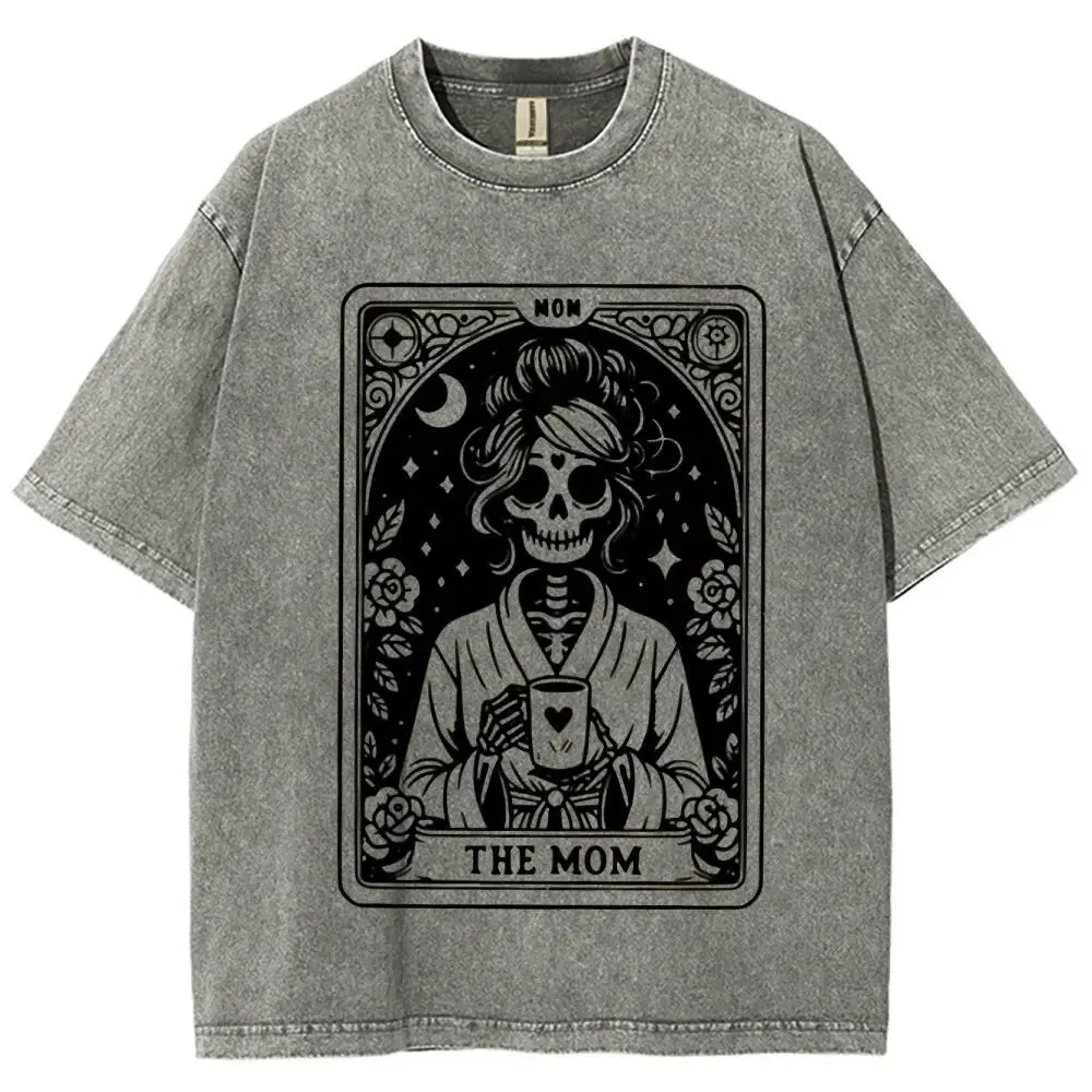 Unisex Heavy-Wash 100% Cotton Oversized Short-Sleeve Round-Neck Graphic T-Shirt, Mom Tarot Mystical Retro Print, Loose Regular Fit, Soft Breathable Crewneck Streetwear Top, Motherhood Gift