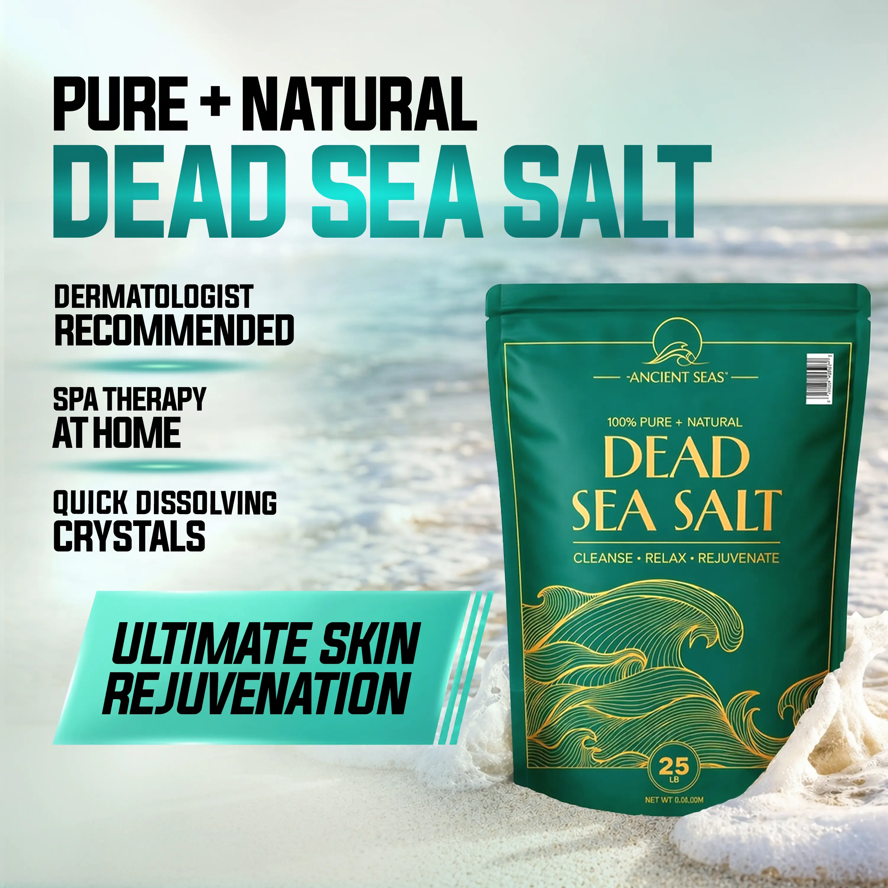 Ancient Seas 100% Pure + Natural Dead Sea Salt | Fast Dissolving | No Additives | Consistent Texture for General Use | 25-Lb. Bag