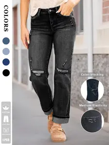 Women's Washed Ripped Jeans, Elastic Straight Leg, Soft Denim Fabric, Comfortable Fit, European Style, Mid-Waist, Daily Wear, Shopping, Parties