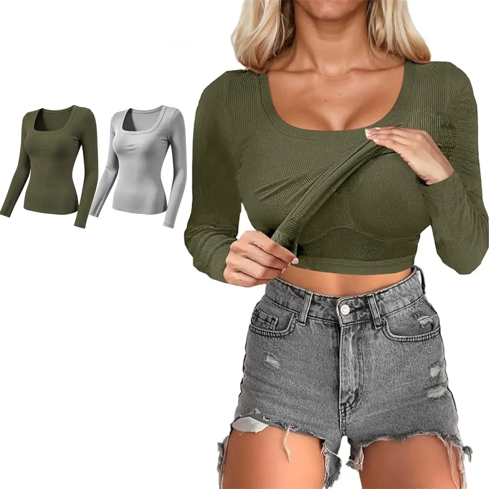 Buy 1 Get 1 Free Women Seamless Built-in Bra Long Sleeve Shirts U Neck Knit T-Shirts Basic Tops Fall Winter Outfits