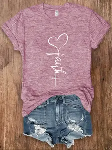 Women's Crew Neck Short-Sleeve T-Shirts - Heart & Cross with "Faith" Print, Casual Shirt-Style Tops in Pink/Blue/Green/Purple/Dark Green, Soft Comfortable Tees for Vacation & Outings, Ideal Holiday Gift
