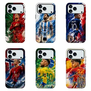 Realistic Football Superstar Phone Case,Soccer Fan Merch Phone Shell,CR7 Messi Neymar Haaland Mbappe Lamine Yamal National Trophy Landmark Print Shockproof Protective Cover For iPhone11 12 13 14 15 16 17 pro max and Samsung Model.Perfect gift,Vintage