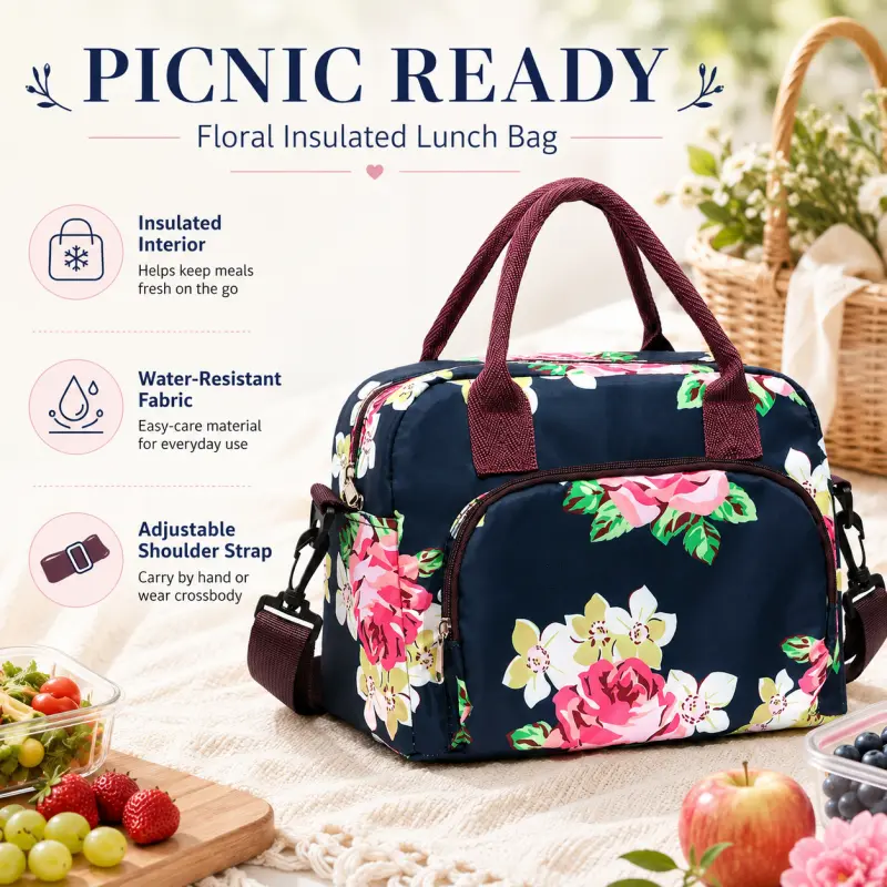 Reusable Lunch Cooler Bag for Women, Floral Insulated Lunch Box Tote, Lightweight Oxford Food Storage Bag, Adjustable Shoulder Strap, Portable Lunch Carrier for Work, Daily Commute, School, Camping, Picnic, Travel