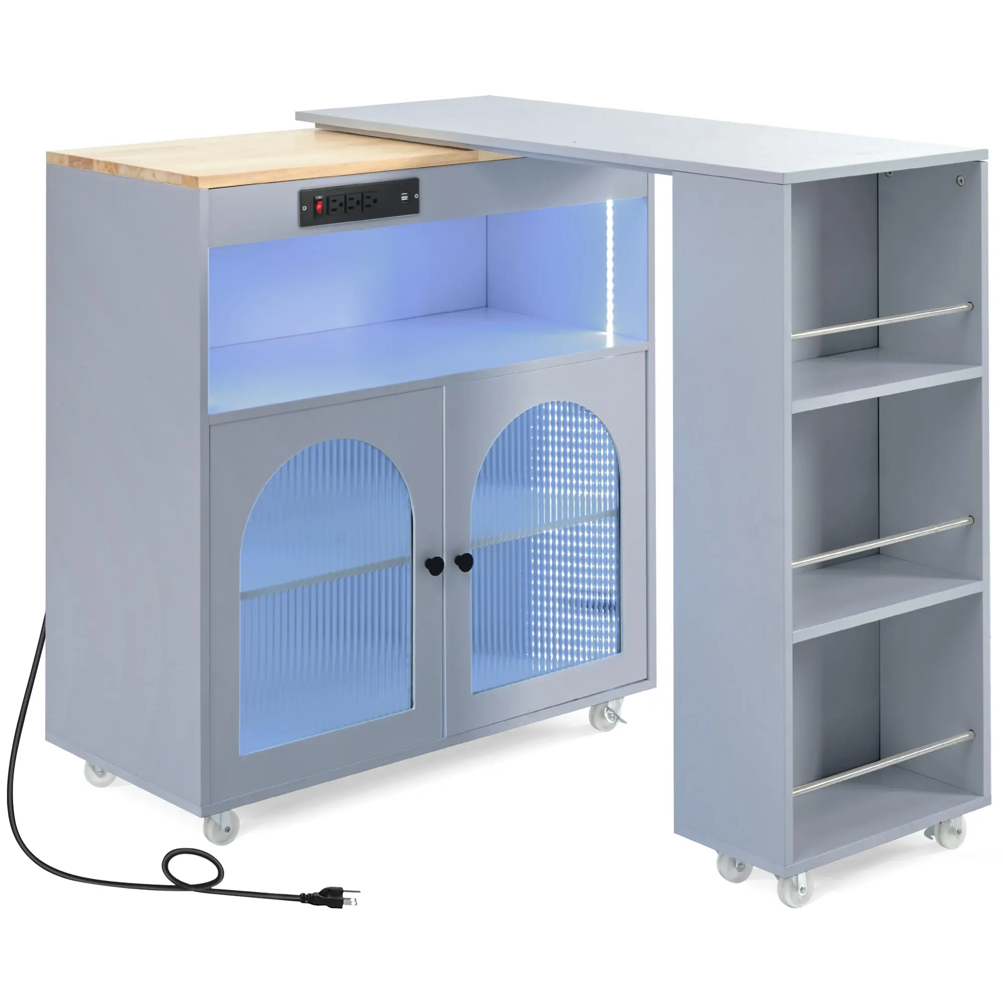 Freestanding Contemporary Navy MDF Wood Adjustable Rolling Kitchen Island with Wheels - 73.5in Extended Table, Dimmable LED Lights, 3-Hole Sockets, 2 Fluted Glass Doors, Storage Compartment, 3 Side Open Shelves, Easy Install Required