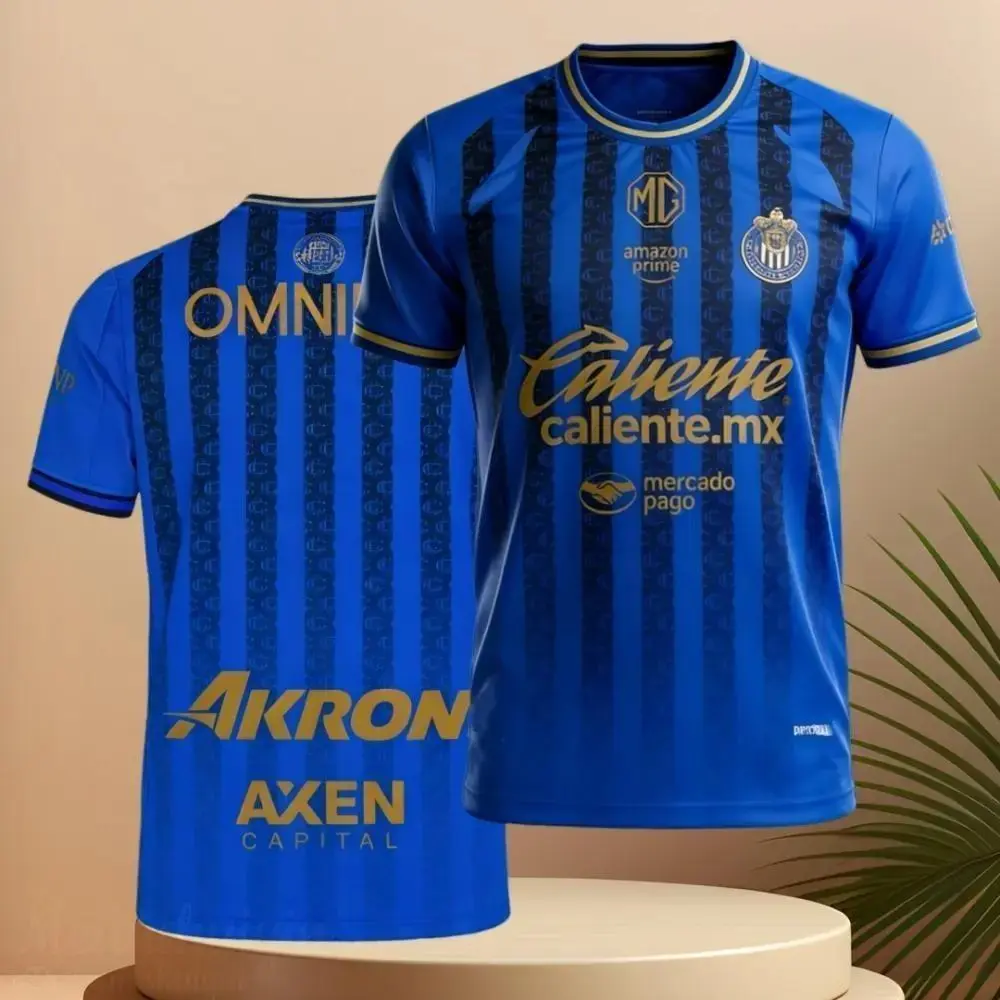 Caliente MX Akron Axen Capital Soccer Jersey Blue Striped Design with Amazon Prime Logo