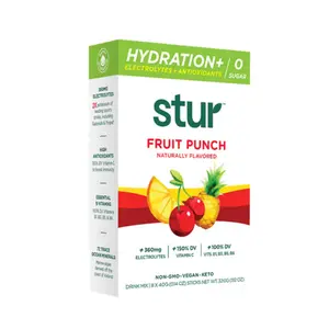 12x STUR Hydration Electrolytes + Antioxidants Fruit Punch - Powder Drink Mix Stick Supplement Beverage Water Enhancer Vitamin C B Vitamins Natural Flavoring Energy Recovery Fitness Gym Workout Wellness Pack Bulk Wholesale 8ct