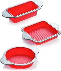 Boxiki Kitchen Silicone Baking Pans Set. 3 PCS Professional Silicone Non-Stick Baking Cake Pans Set Includes Silicone Round Cake Pan, Square Cake Pan and Bread Loaf Pan.