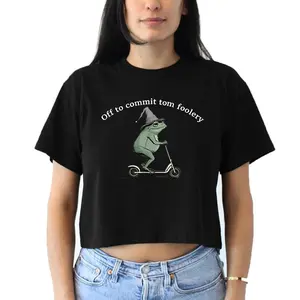 Off to Commit Tom Foolery crop tops women plus size graphic tee, Funny Graphic Tees, Whimsical Frog on Scooter Crop Shirt, Cottagecore Adventure Meme Top for Girls