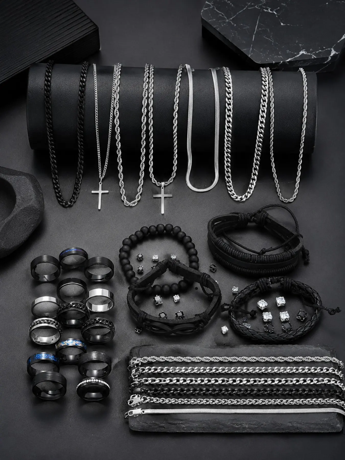 54-Piece Men's Western Jewelry Set, Punk Style Zircon Earrings, PU Leather Bracelet, Stainless Steel Ring, Casual All-Season Gift Set, Accessory Set, Trendy Jewelry Set, jewellery gift set