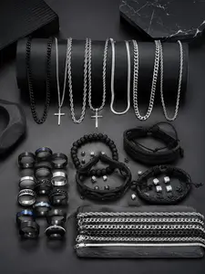 54-Piece Men's Western Jewelry Set, Punk Style Zircon Earrings, PU Leather Bracelet, Stainless Steel Ring, Casual All-Season Gift Set