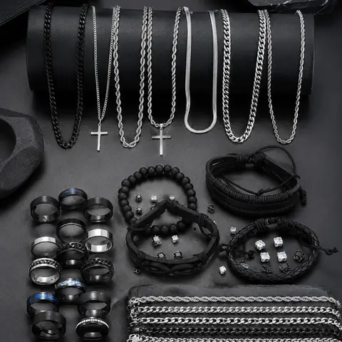 54-Piece Men's Western Jewelry Set, Punk Style Zircon Earrings, PU Leather Bracelet, Stainless Steel Ring, Casual All-Season Gift Set, Trendy Jewelry Set, Fashionable Jewelry Set