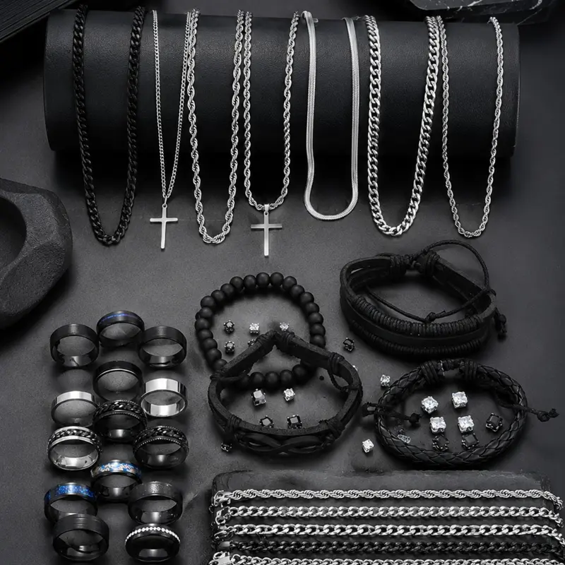 54-Piece Men's Western Jewelry Set, Punk Style Zircon Earrings, PU Leather Bracelet, Stainless Steel Ring, Casual All-Season Gift Set, Trendy Jewelry Set, Fashionable Jewelry Set