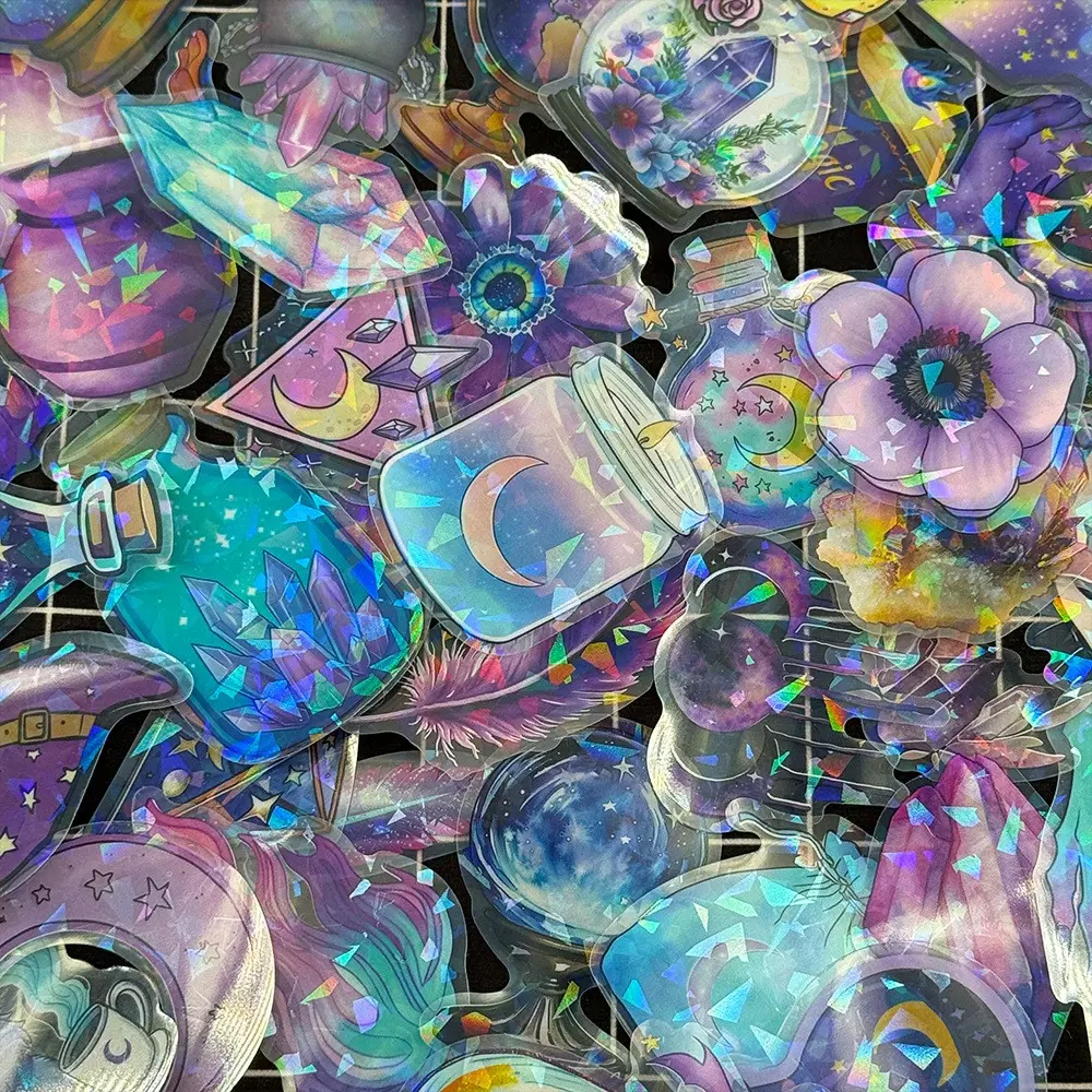 50 Transparent Magic Witch Glitter Sticker Pack, Waterproof Pet Decorative Stickers for Guitar Notebook Journal, Flat Sticker Type, Art Stickers, Aesthetic Stickers