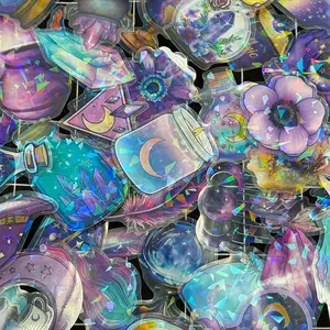 50 Transparent Magic Witch Glitter Sticker Pack, Waterproof Pet Decorative Stickers for Guitar Notebook Journal, Flat Sticker Type, Art Stickers