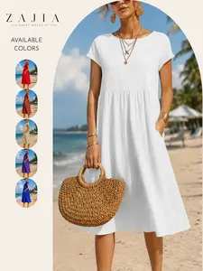 2026 Women Summer Cotton Linen Gauze Breathable Dress, Loose Casual Beach Vacation Midi Dress, Flowy with Pockets, Solid Color