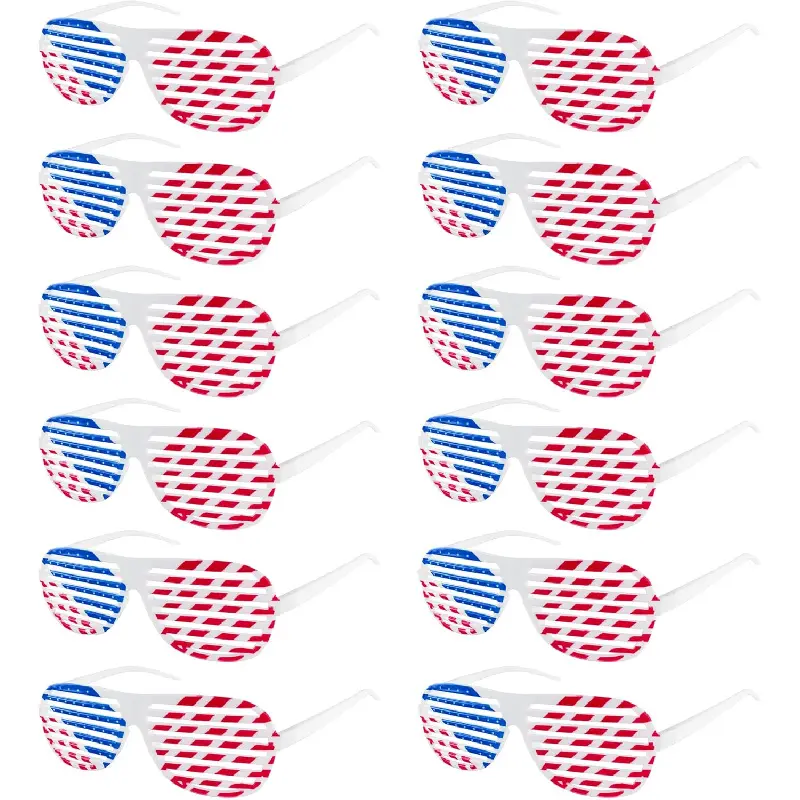 Unisex 6 Inches Horizontal Slotted Lenses Plastic Shutter Glasses Shades - 12-Pair July 4th USA Patriotic American Flag Party Prop Decor Photo Accessories for Watch Party