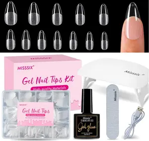 Misssix Medium Almond Gel Nail Tips Kit, 216Pcs Pre Etched Clear Fake Nails, Full Cover False Nail 9-in-1 Gel Glue and Portable Mini U V Nail Lamp for Women 12 Sizes