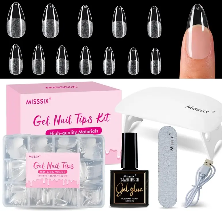 Misssix Medium Almond Gel Nail Tips Kit, 216Pcs Pre Etched Clear Fake Nails, Full Cover False Nail 9-in-1 Gel Glue and Portable Mini U V Nail Lamp for Women 12 Sizes