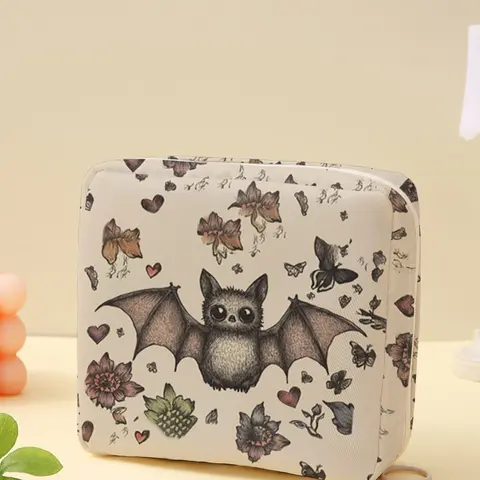 Portable Sanitary Napkin Storage Bag with Bat Pattern, Lightweight Women's Travel Makeup Organizer, Cute All-Seasons Design, Travel Cosmetic Bag, Makeup Pouch, Cosmetic Travel Bags, Travel Essentials